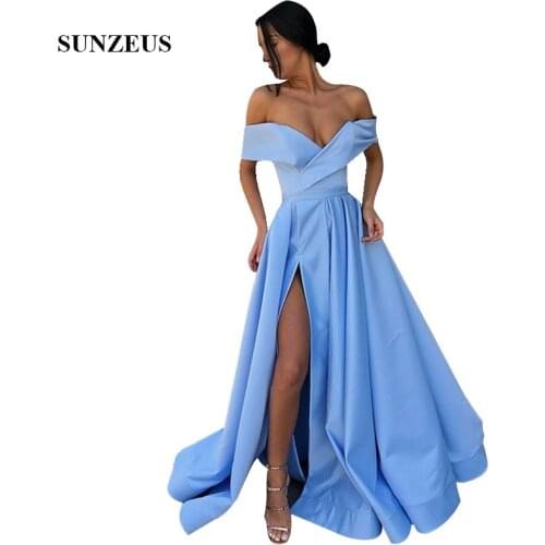Sky Blue Evening Dresses A-line Off Shoulder Satin Long Formal Gowns Split Party Robe Vestido Largo