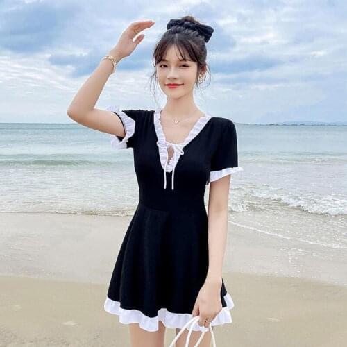 2021 New Korea Style One Piece Swimsuit Women Solid Swimwear Monokini Skirt Push Up Trikini Pad Bathing Suit Swimskirt