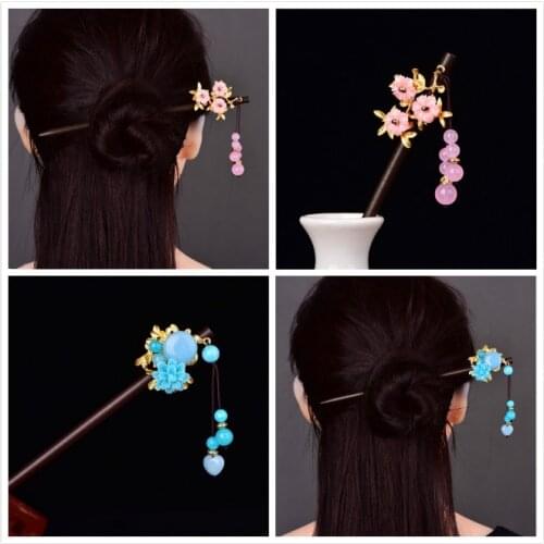 Original Chinese Ancient Court Powder Crystal Wooden Hair Sticks Fairy Temperament Hanfu Coloured Glaze Hair Ornament