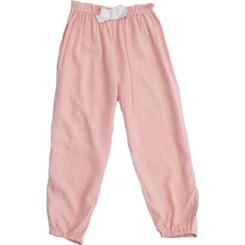 Hollead Casual Children Pink Thin Sports Pants Summer Fashion Kids Girls Summer New Bow Drawstring Solid Color Linen Trousers