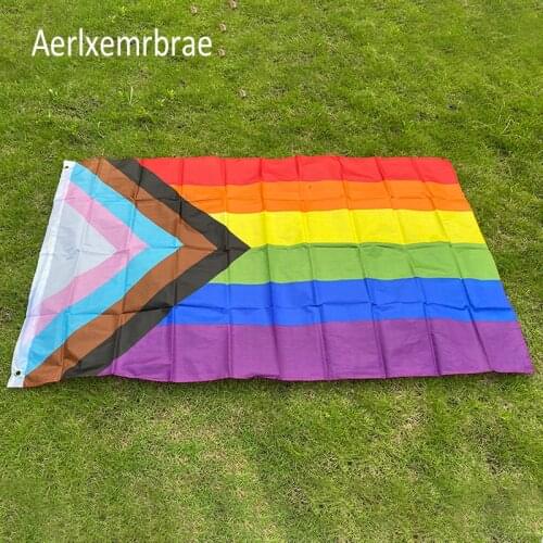 Free shipping Aerlxemrbrae Rainbow Flag 150X90CM Banner 100D Polyester grommets lgbt Gay rainbow Progress Pride flag