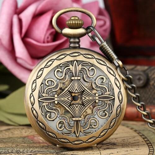 Retro Bronze Chinese Knot Skeleton Carving Mechanical Hand Winding Pocket Watches Men Women FOB Jewelry Clock With Pocket Chain