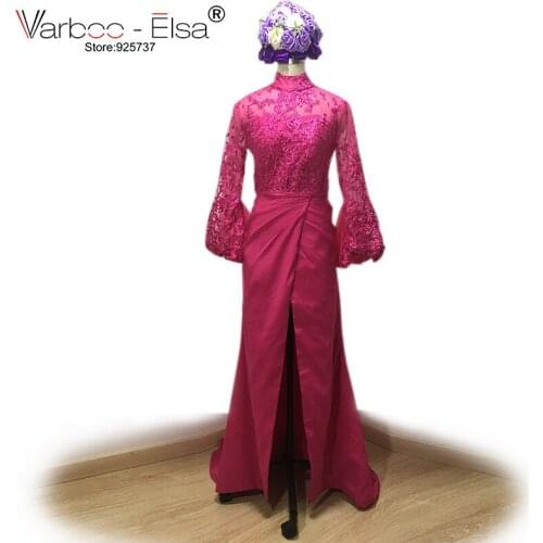 VARBOO_ELSA Sexy Illusion Lace Appliques Satin Evening Dresses Fushia Long Sleeve High Neck Mermaid Prom Dress Slit Party Gown
