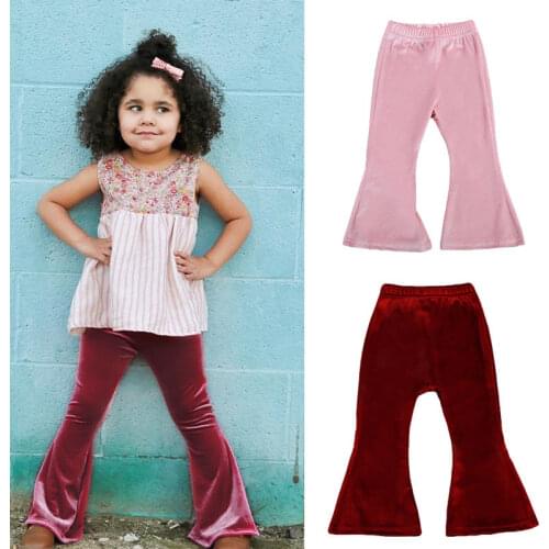 Pudcoco Girl Pants Toddler Kids Baby Girls Bell Bottom Wide Leg Stretch Pleuche Pants Long Trousers