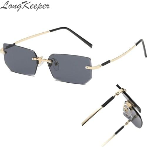 LongKeeper Rimless Rectangle Sunglasses Women UV400 Driving Sun Glasses Men Irregular Cutting Lens Summer Accessories Oculos