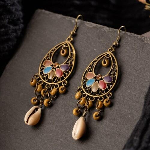 Vintage long tassel earrings ethnic natural wooden shell women earrings for woman boho layed rhinestone earings drop jewelry