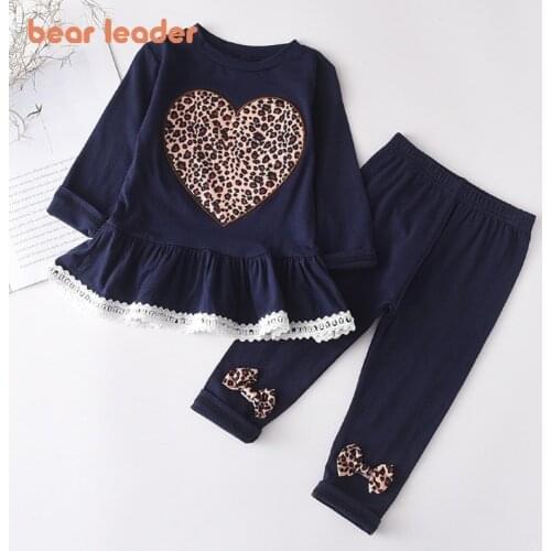 Bear Leader Newborn Baby Girls Clothes Sets 1-6Y Leopard Print Lace Long-Sleeved Love Tops Trousers Pants Spring Clothes 2PCS