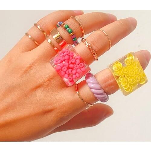VG 6YM New Multiple Colour Fruit Rice Beads Transparent Resin Ladies Ring Trendy Birthday Party Women Jewelry Dropshipping Gifts