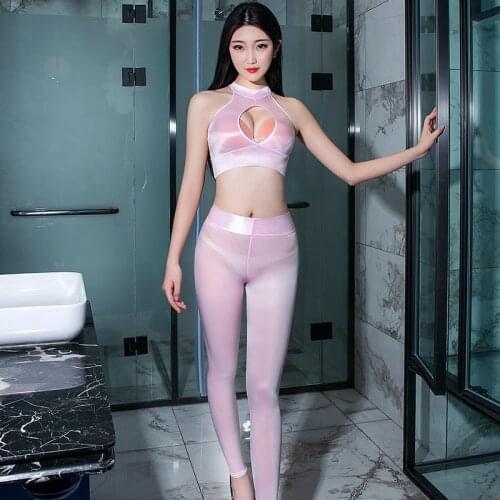 High Quality Transparent Sexy Night Clubwear Pencil Pant Fitness Legging Pants Sexy Shiny Tops See through Open Chest Thin Vest