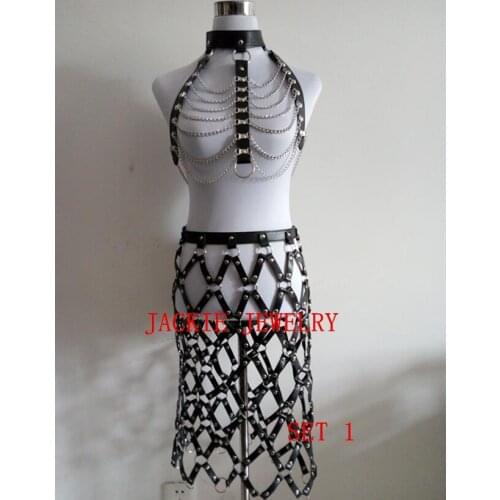 New Arrival B749 Women Silve Plated Chains Fashion Harajuku Sexy Adjustable High Quality Street Black Genuine Leather Body Chain