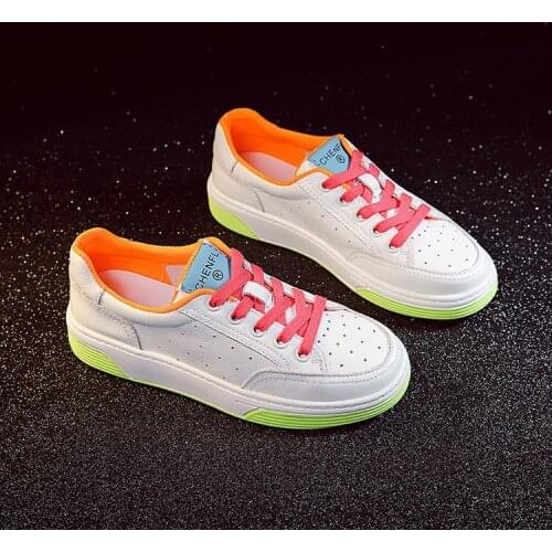 Womens Early Spring New Color Matching Lace-up Casual Platform Fluorescent Colorful White Shoes