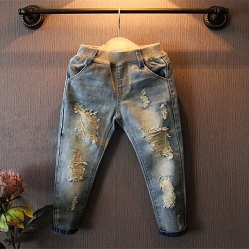 2017 Girls Jeans Pants Children Clothing Kids Trousers Kids Jeans Elastic Waist Hole Jeans Boys Jeans Pants Solid Harem 3-8Y