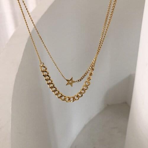 2021 New Fashion&minimalist 18k Gold Plated Double Layer Cuban Chain Star Pendant Small Beads Chain Layer Necklaces for Women