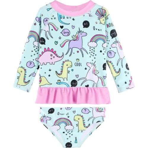 BAOHULU Cute Cartoon Baby Girl Swimwear UPF50+ Cyan Dinosaur Ruffle Toddler Kids Swimsuit Girls Swimwear Infant Bathing Suits