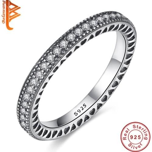 BELAWANG Authentic Real 925 Sterling Silver Ring Inspiration Hearts With Crystal Finger Rings Luxury Jewelry For Women Wedding