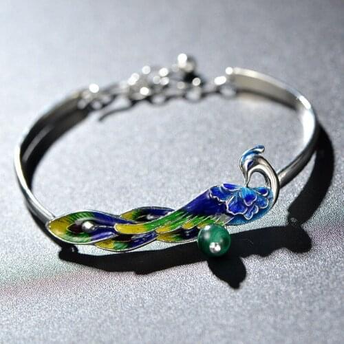 Peacock Bracelet 925 Sterling Silver Cloisonne Bracelet Inlaid Silver Bracelet Female Retro Jewelry Silverware