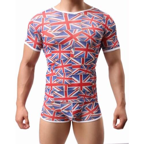 Mens Short Sleeve T Shirt Fitness Show Muscle Gauze Tight Sexy British Flag