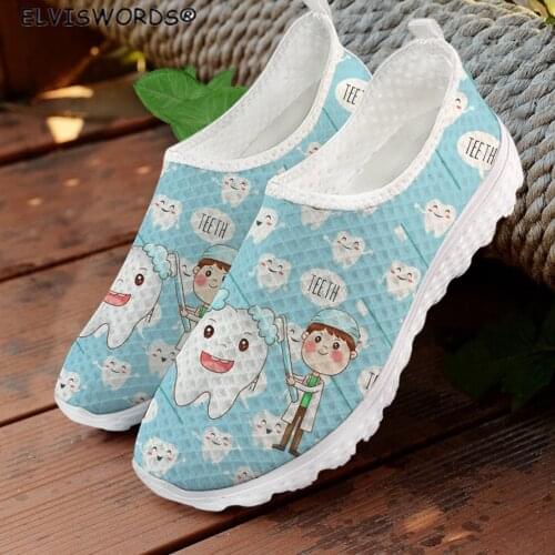 ELVISWORDS Pure Color Tooth Care Print Comfortable Womens Flats Shoes Casaul Ladies Air Mesh Sneakers Woman Non-slip Lazy Shoes