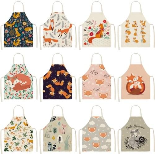 Kawaii Fox Printed Sleeveless Aprons Kitchen Women Cotton Linen Animal Pinafore Home Cooking Baking Waist Bib 53*65cm WQL0159