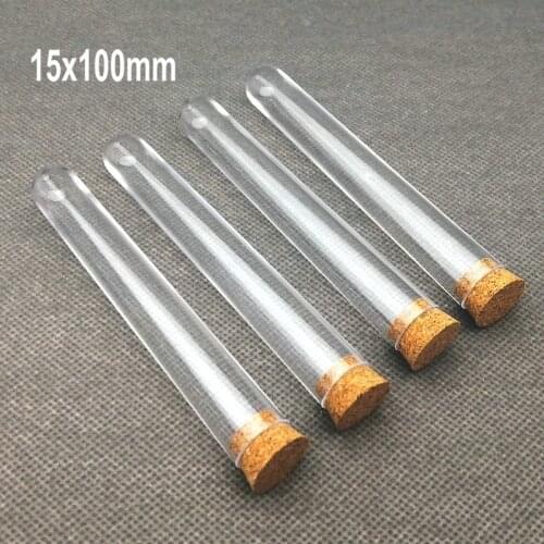 60pcs 15x100mm Lab Transparent Plastic Round Bottom Test Tubes With Cork Plug Wedding Gift Vial Bath Salt Bottle