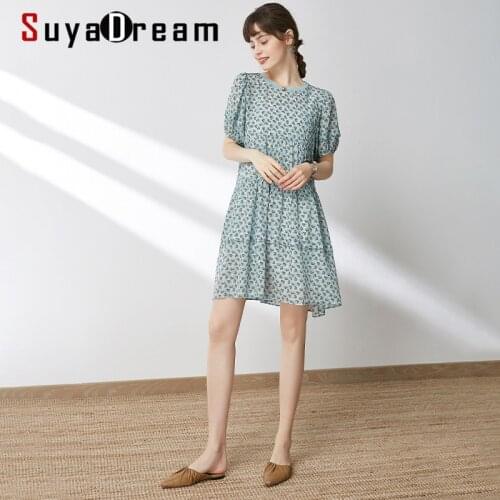 SuyaDream Woman Mini Dress 100%Silk Crepe Printed Short Sleeved A-Line Cupcake Dress 2021 Spring Summer Dresses Light Blue