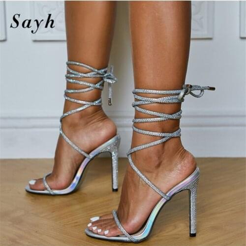 Fashion Women Silver High Heel Rhinestone Roman Ankle Strap Peep-Toe Sandals Lace Up Sexy Lady Stilettos Plus-Size