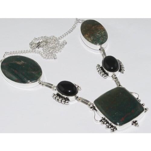 Bloodstone & Black Onxy Necklace Silver Overlay over Copper ,50cm, N1114