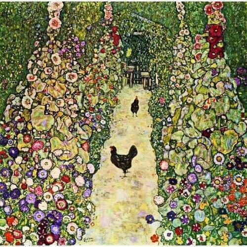 Gustav Klimt Famous painting reproduce chicken in flower gardern on oil canvas for home decor and wallpaper, gallery