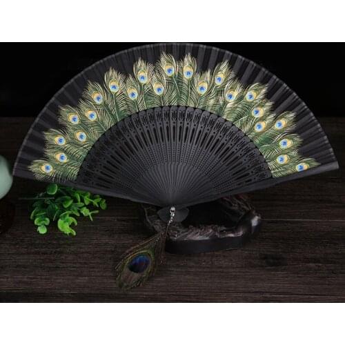 Chinese Style Peacock Patterned Hand Fans Vintage Imitation Silk Handheld Folding Fan with Bamboo Frame for Dancing