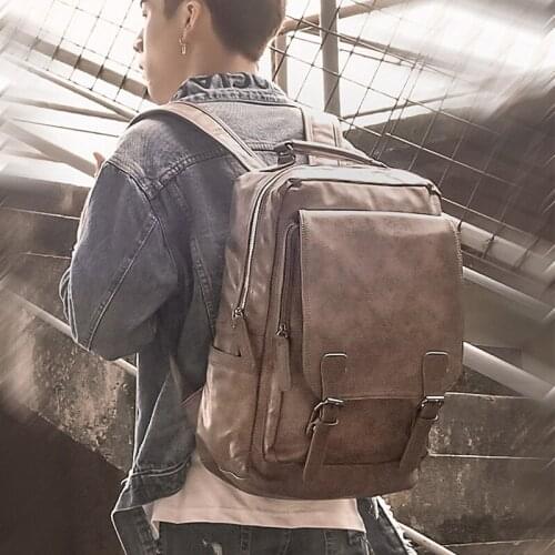 New Korean Fashion Trend Mens Backpack Student Leisure Travel Buckle Pu Leather Bag Backpack Simple