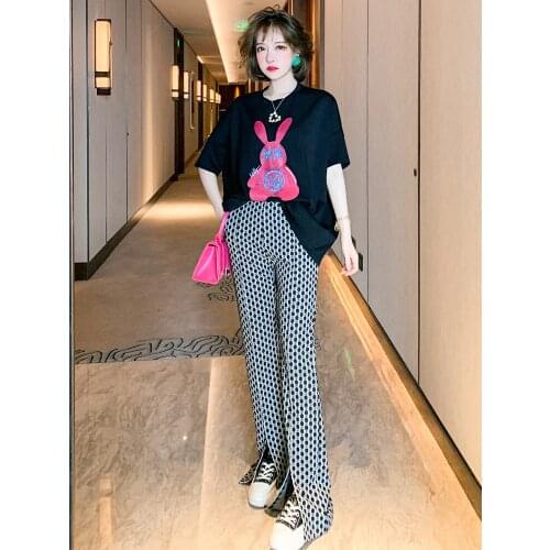 Top Quality Hot diamond rabbit print T Compassionate+Womens summer New Pants Set