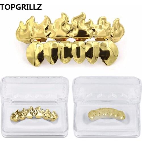 TOPGRILLZ Gold Color Plated HIP HOP Teeth Grillz Flame Leaf Top & Bottom Grill Set With silicone Vampire teeth Christmas Gift