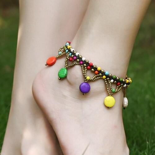 S2324 Bohemian Fashion Jewelry Turquoise Colorful Beaded Pendant Anklet Handmade Wax Thread Woven Beads Anklets