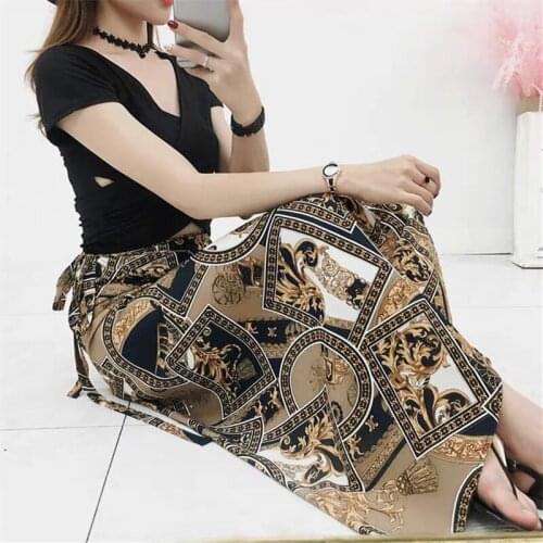 Feminie One Piece Printed Long Skirts Vacation Sun-Proof Beach Skirts Chiffon Floral Skirts Lacing Wrap Skirt Slit Sexy Skirts