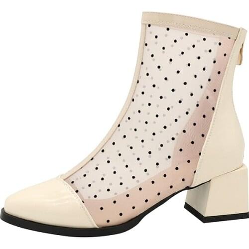 ZJVI Ankle Boots 2021 Women Patent PU Mesh Black Womens 6cm Square Heels Pointed Toe Shoes Ladies Sandals Summer Girls Boot New