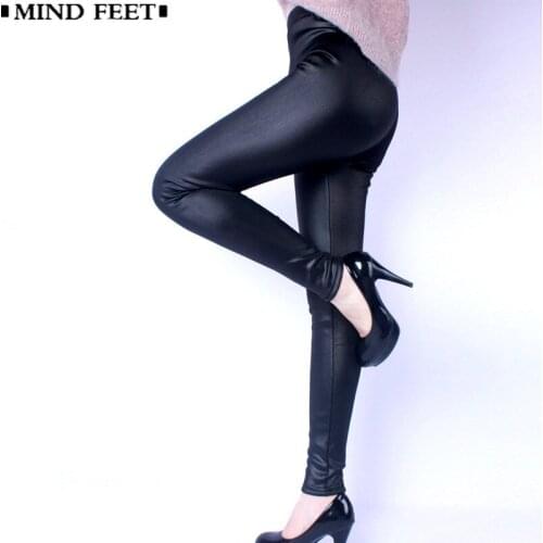 MIND FEET Women Leggings Velvet Warm Faux Leather Winter Plus Size Slim Thickening PU Leather Female High Stretch Skinny Pants