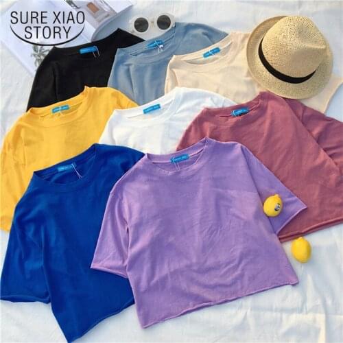 Women Summer Tops Korean Simple Fashion Short Sleeve T-shirt Solid 8 Colors Slim 2020 Laides Chic O-neck Tees Clothing 8648 50