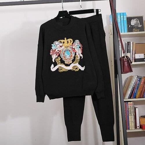 2020 Winter Luxury Women Sets 2 piece Designer Runway Dragon Embroidery Long Sleeve Knitted Cardigans and Pants Clothes