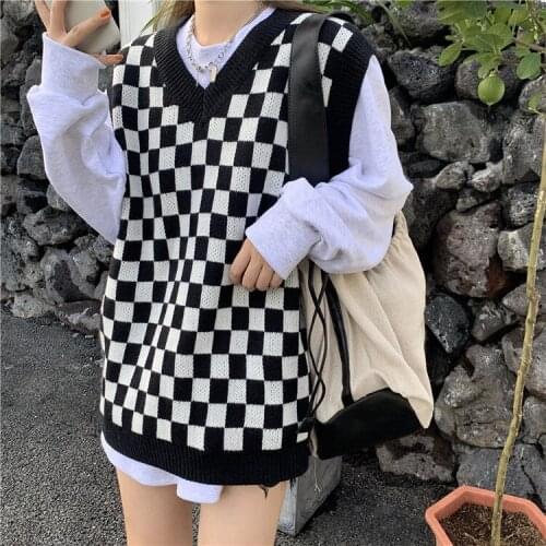 2021 Women Houndstooth Loose Knitted Vest Sweater Girls Sleeveless Thick Vintage Sweater Suits Female WaistcoatsChic Tops