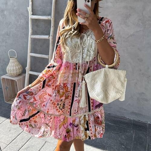 Women Elegant Lace Patchwork Summer Floral Dress Casual Three Quarter Sleeve Loose Party Dress Streetwear Female Dress Vestidos