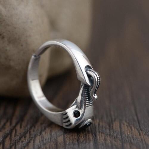 FNJ 925 Silver Animal Elephant Ring for Women Jewelry 100% Original Pure S925 Silver Sterling Rings Vintage White Black Zircon