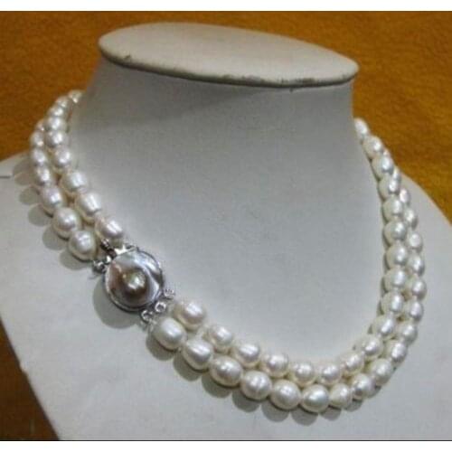Women Gift word Love Shipping >>>>>2 ROWS 8-10MM AKOYA WHITE BAROQUE PEARL NECKLACE 17-18" -jewelry