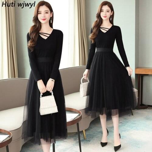 2021 Vintage Black Mesh Midi Dresses Autumn Winter New 3XL Plus Size Solid Long Sleeve Dress Elegant Women Bodycon Party Vestido
