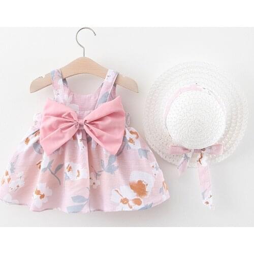 2021 Summer Toddler Girl Dresses For Baby Casual Beach Bow Printed Sundress Princess Dress Infant Dress Newborn Clothes Send Hat