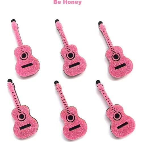 10pcs/lot) Glitter Pink Guitar Acrylic Pendants For Women DIY Handmade Earrings Fashion Jewelry Accessories Materials Wholesale