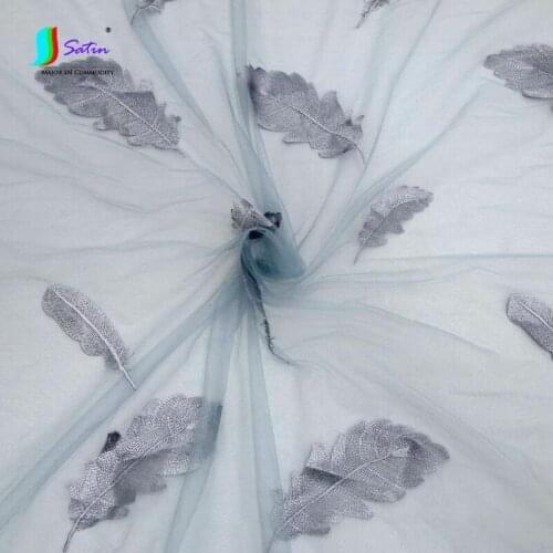 Hot Sale Style Net Breathable Blue-grey Feather Embroidery Wedding Dress Skirt Packing Decorate Feather Tulle Fabric A0364L