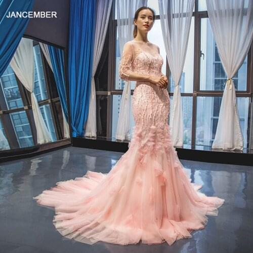 J66849 jancember mermaid evening dress elegant illusion o-neck half hot pink pageant dress wedding party robes de fiançailles