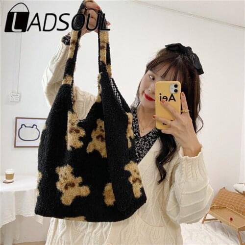 LADSOUL Autumn Winter Plush Bear Double Sided Shoulder Bag Large-capacity Cute Bear Student Shopping Tote Bags Fabric Handbag
