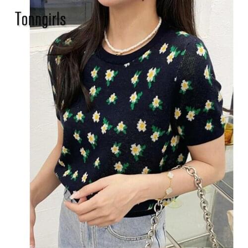 Tonngirls Summer Vintage T Shirt Shorts Sleeve Tshirt Casual Knitted Tee Shirt Femme Streetwear Tee Tops Female Korean Style