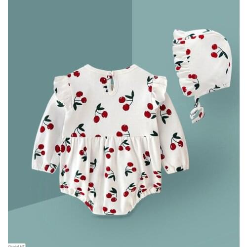 Lovely cozy newborn baby jumpsuit autumn full cherry printing long sleeve bodysuit for girls overalls clothing set toddler hat